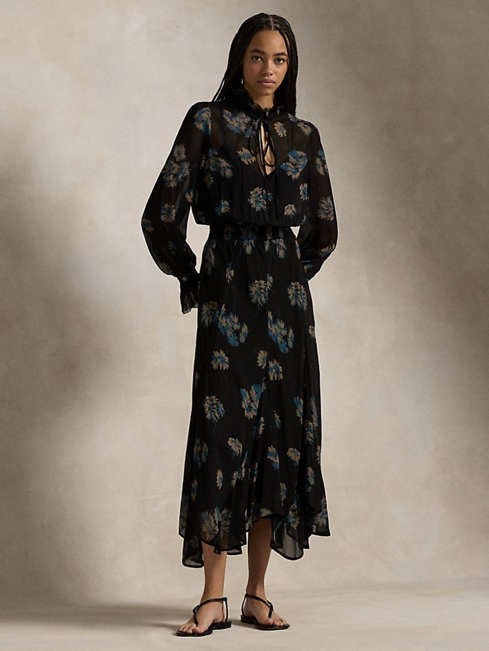 Polo by Ralph Lauren Black Floral Ruffle Trim Georgette Dress with Blue Accents